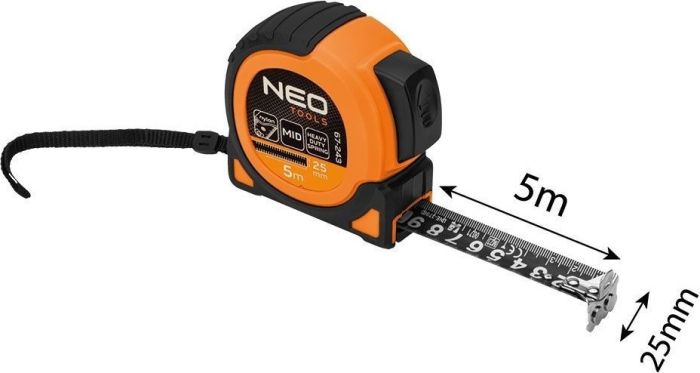 Рулетка Neo Tools Super Black, 5мx25мм, с фиксатором сматывания, магнит