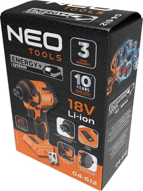 Гайковерт ударный Neo Tools Energy+ 18В бесщеточный 3600об·мин 300Нм 1/4" 4 скорости 0.85кг без АКБ и ЗП