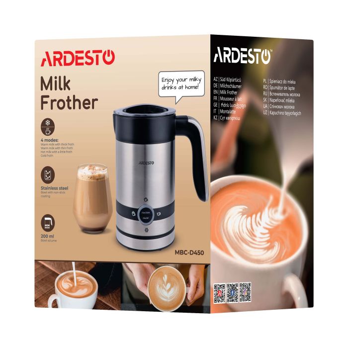 Вспениватель-подогреватель Ardesto 450Вт, емкость резервуара-200мл, серебристо-черный
