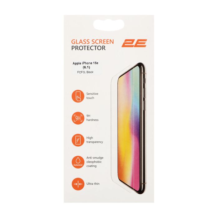 Захисне скло 2E для Apple iPhone 16e(6.1), 2.5D FCFG, (1 Pack), чорна рамка