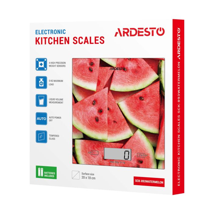 Весы Ardesto кухонные Wаtermelon, 5кг, AAAx2 в компл, стекло,  многоцветный