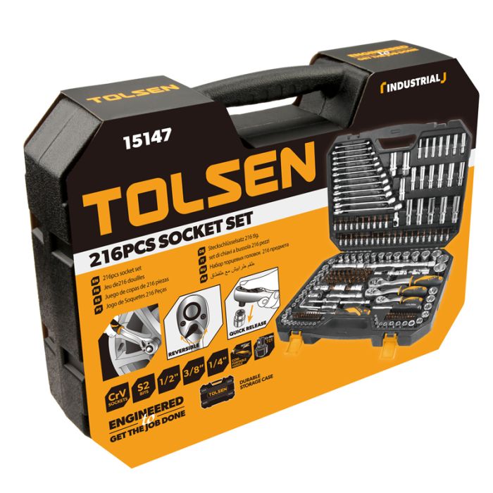 Набор инструментов Tolsen, 216шт, 1/2", 1/4", 3/8", комбинированные ключи, торцевые головки, биты, CrV, кейс