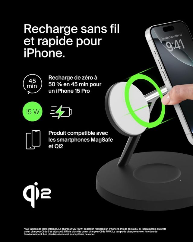 Зарядний пристрій бездротовий Belkin 3в1 Magnetic Pad Qi2 15Вт, чорний