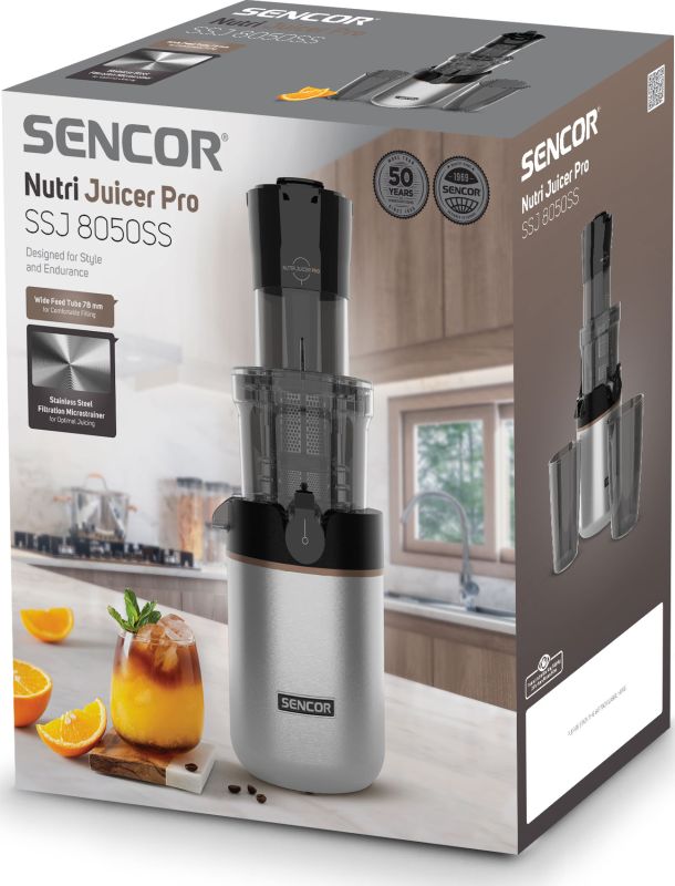 Соковыжималка Sencor центробежная 200Вт, чаша-0.8л, жмых-0.6л, желоб на целое яблоко, пластик, нерж. сталь-черный