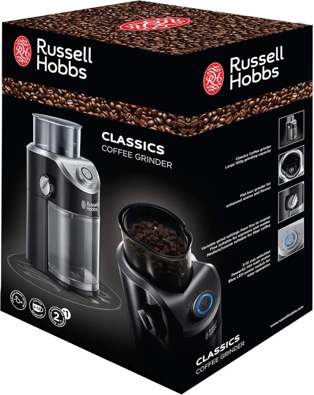 Кавомолка Russell Hobbs жорнова Classic, 140Вт, об'єм зерен-100г, регул.ступеню помолу, пластик, чорний