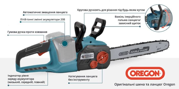 Пила цепная аккумуляторная Konner&Sohnen KS CS40V-14 40В(20+20В) акб 2?4А·час 35см 3.7кг