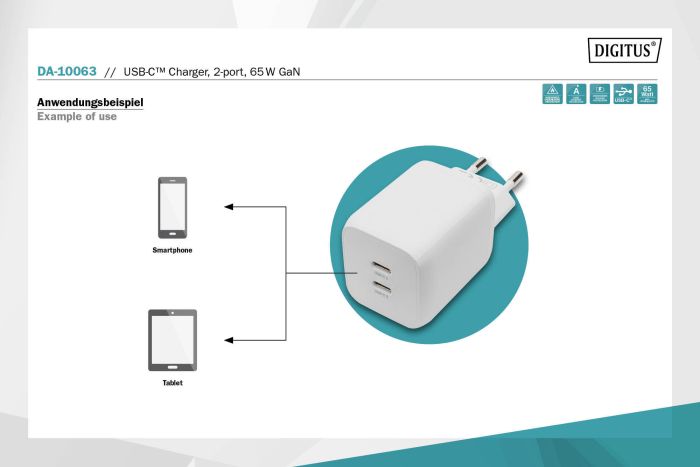 Зарядное устройство DIGITUS 2хUSB-C, 65W, GaN