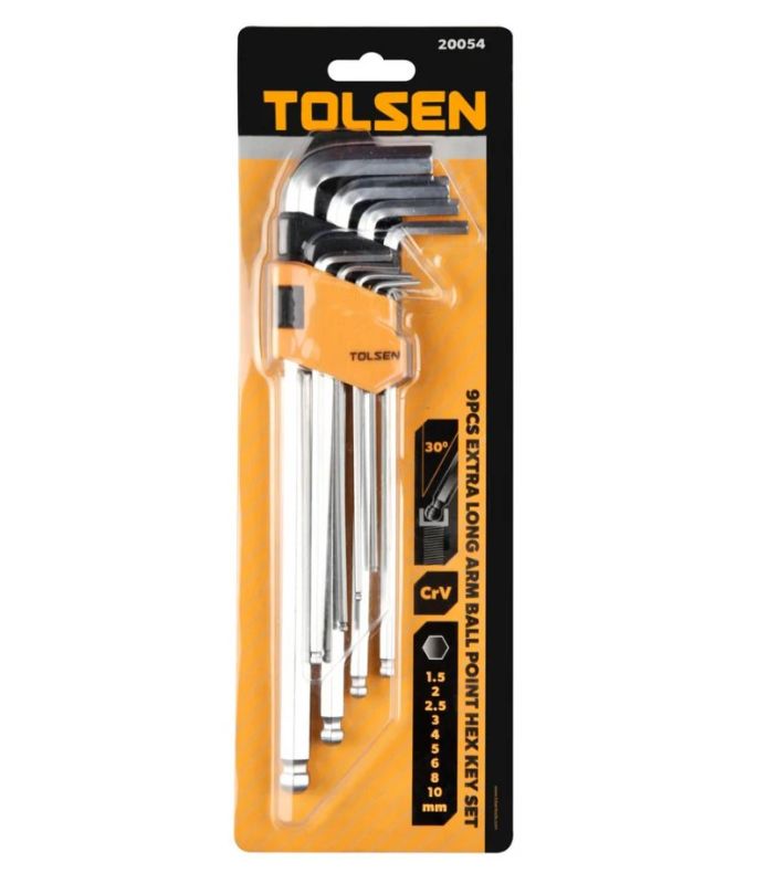 Ключи шестигранные Tolsen, набор 9шт, длинные, шаровидный наконечник, 1.5-10мм, CrV