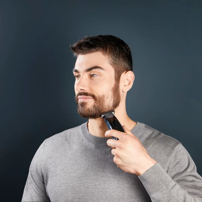 Тример Rowenta Barber Experience, для голови, бороди, мережа+акум., роторний мотор, насадок-5, нержавіюча сталь з покриттям DLC, чорно-синій