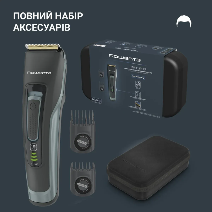 Машинка для стрижки Rowenta Advancer, сеть+акум., роторный мотор, насадок-2, кейс, титан.напыл., зеленый