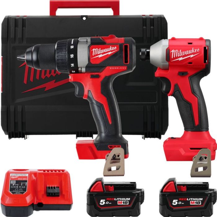 Набор из двух аккумуляторных инструментов Milwaukee M18 BLPP2A3-502X 18В шуруповерт-дрель M18 BLPD2 вертолет ударный M18 BLIDR акб М18 2х5А·час ЗП M12-18FC кейс