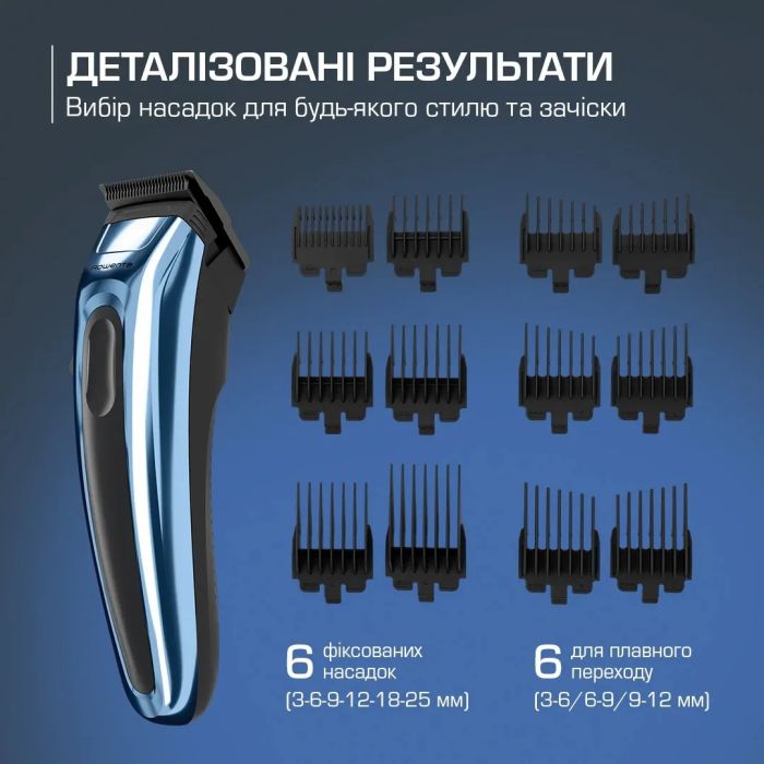 Машинка для стрижки Rowenta Barber Experience, сеть+акум., роторный мотор DC, насадок-12, кейс, нерж. сталь, синий
