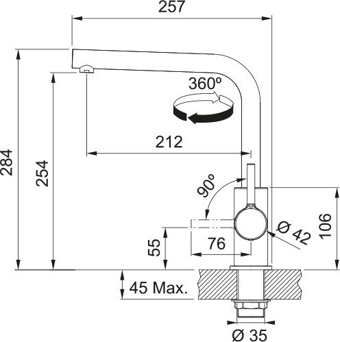 Смеситель для кухни Franke Lina L Shape, дл.излива - 212мм, поворотный, 1 рычаг, оникс