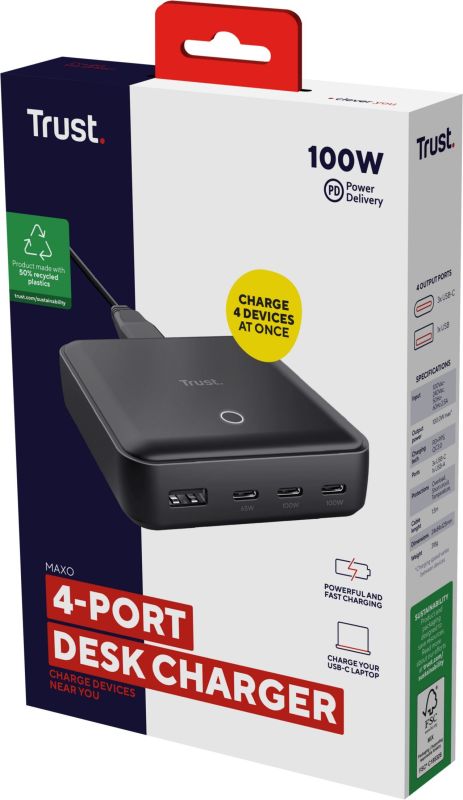 Зарядное устройство сетевое Trust Maxo 100Вт, 3xUSB-C/USB-A ,PD, чорний