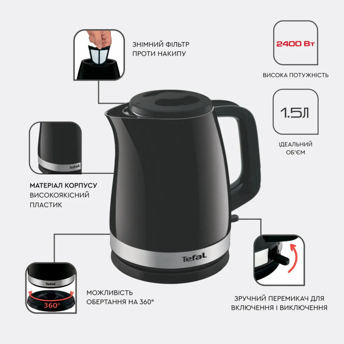 Электрочайник Tefal Delfini 1.5л, пластик, серебристо-черный