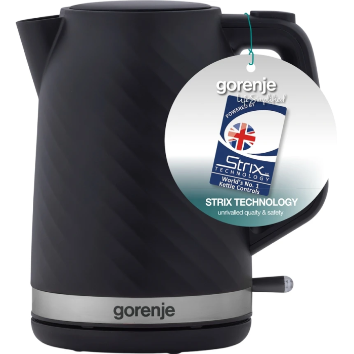 Электрочайник Gorenje 1.7л, Strix контроль, черный матовый