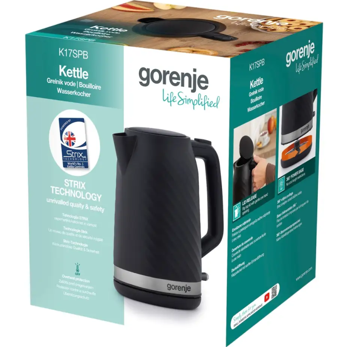 Электрочайник Gorenje 1.7л, Strix контроль, черный матовый