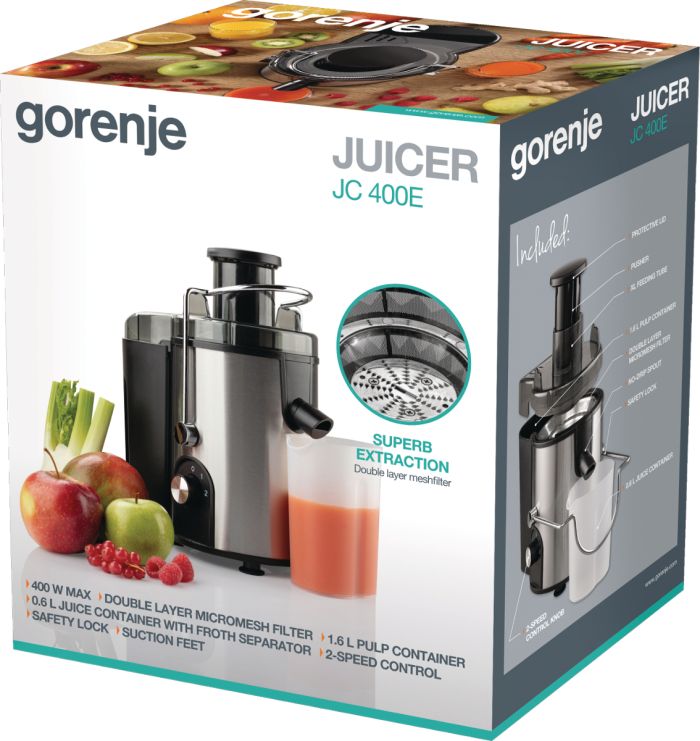 Соковыжималка Gorenje центробежная 400Вт, чаша-0.6л, жмых-1.6л, желоб на целое яблоко, пластик/металл, черный
