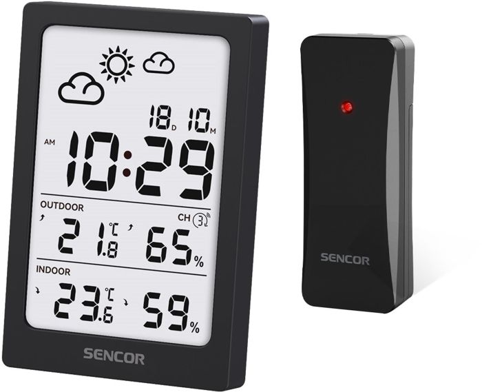 Метеостанція Sencor, внутр/зовн вимірювання, AAAx2+AAx2, темп-ра, вологість, час, чорний