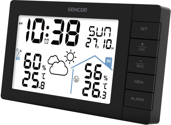 Метеостанция Sencor, внутр/наруж измерение, AAx3+AAx2, темп-ра, влажность, время, прогноз погоды, чёрный