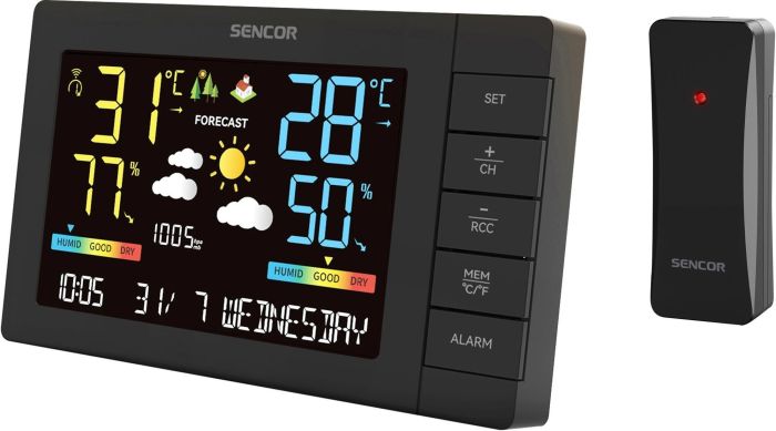 Метеостанция Sencor, внутр/наруж измерение, от сети/AAx3+AAx2, темп-ра, влажность, время, прогноз погоды, атмосферное давление, чёрный