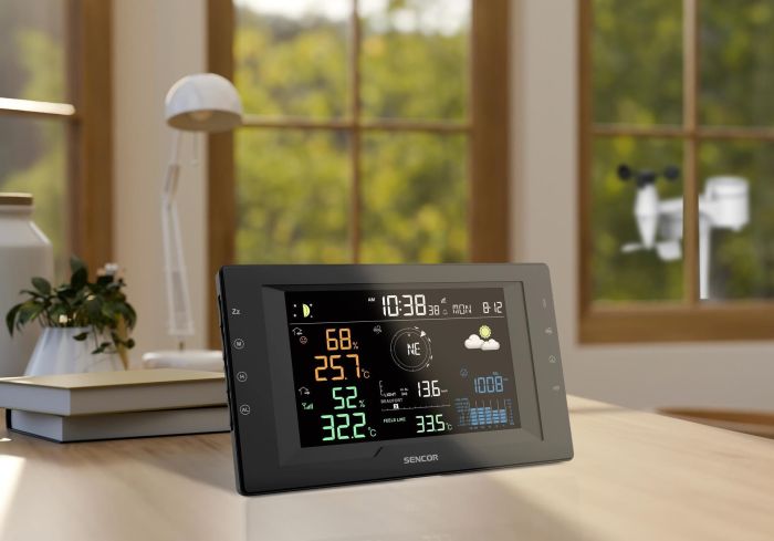 Метеостанция Sencor, внутр/наруж измерение, от сети/CR2032x1+AAx3темп-ра, влажность, время, прогноз погоды, атм. давление, скор. ветра, чёрный