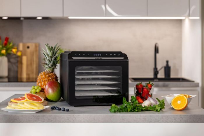 Сушарка для продуктів Gorenje 580Вт, піддонів - 6x1.5см, діаметр - 25см, макс - 75°С, дисплей, пластик+метал, чорний