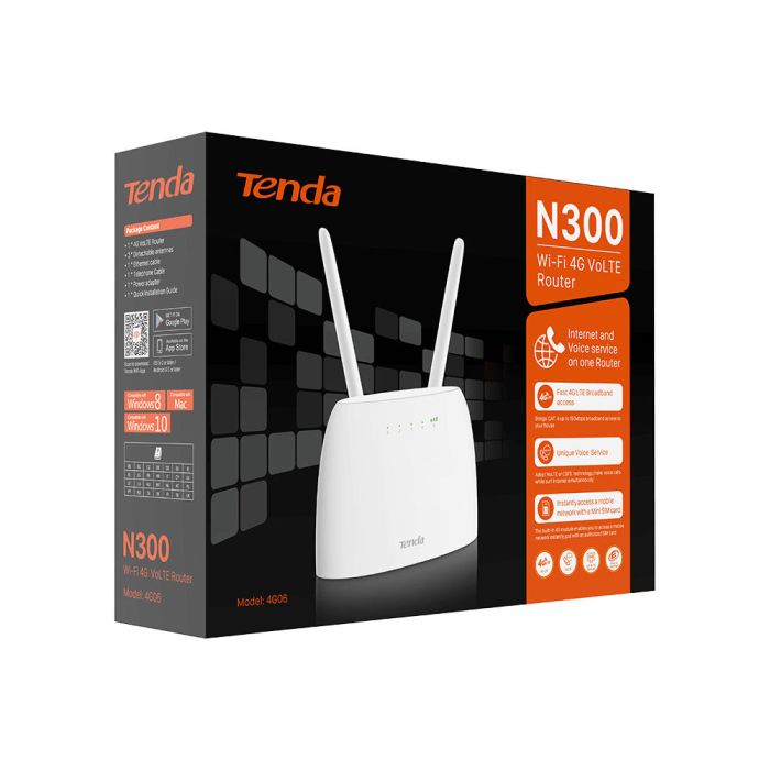Маршрутизатор TENDA  N300, 4G/LTE, 1xFE LAN, 1xFE LAN/WAN, 1xRJ11, Cлот для SIM-карты Tenda 4G06C