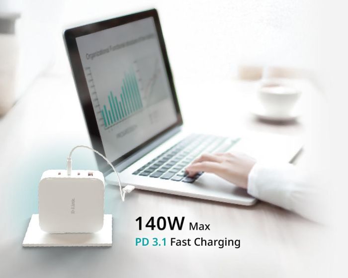 Зарядний пристрій мережевий   140Вт GaN 3хUSB-С, 1xUSB-A, білий D-Link DCF-141