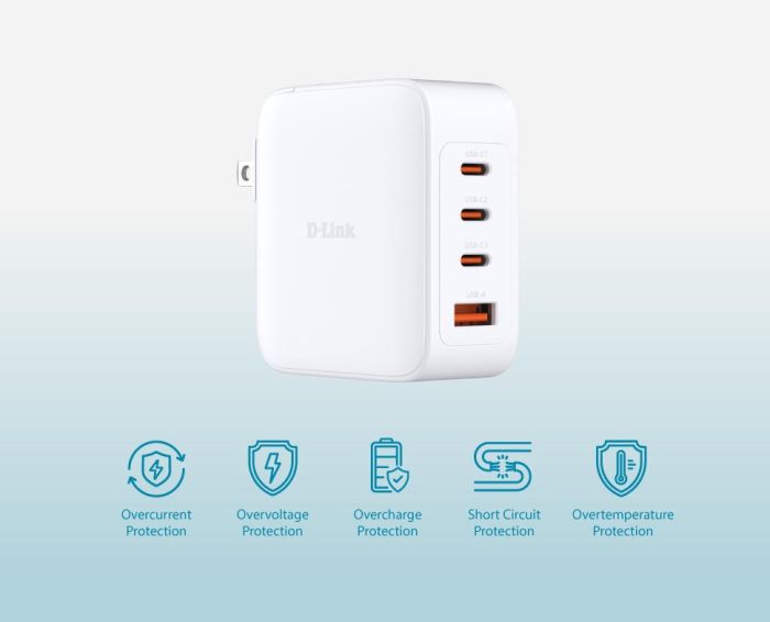 Зарядний пристрій мережевий   140Вт GaN 3хUSB-С, 1xUSB-A, білий D-Link DCF-141