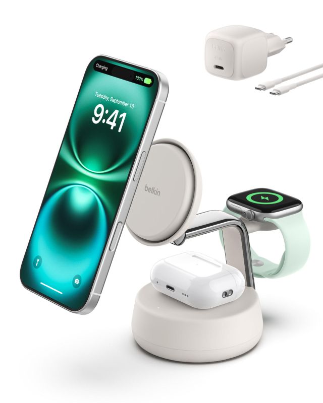 Зарядний пристрій бездротовий Belkin UltraCharge Pro 3-in-1 Magnetic Charging Dock 25Вт, Sand
