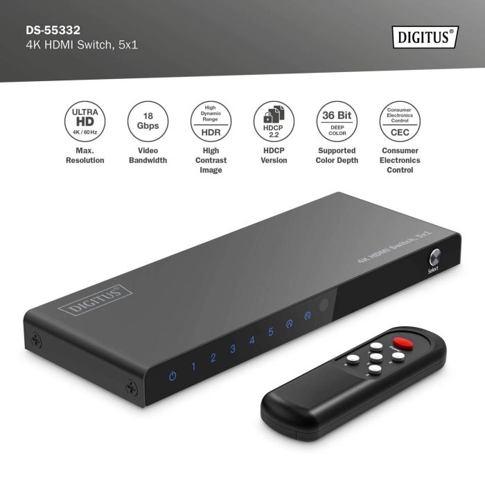 Видеокоммутатор DIGITUS UHD HDMI (INx5 - OUTx1), 4K