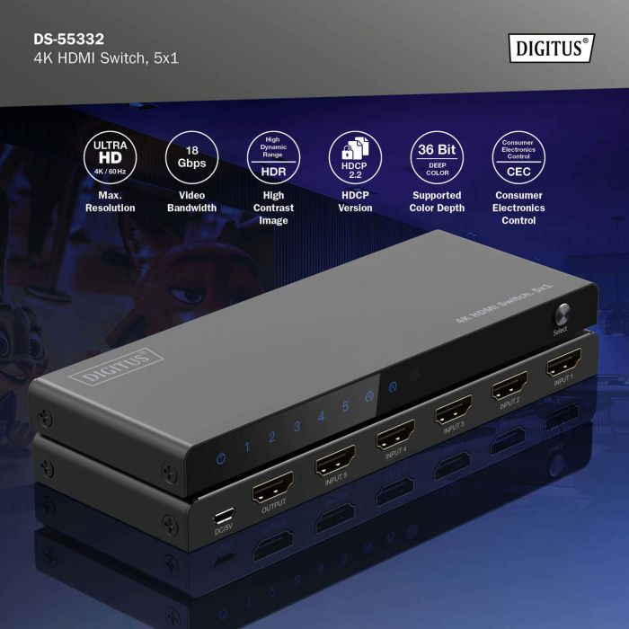 Видеокоммутатор DIGITUS UHD HDMI (INx5 - OUTx1), 4K