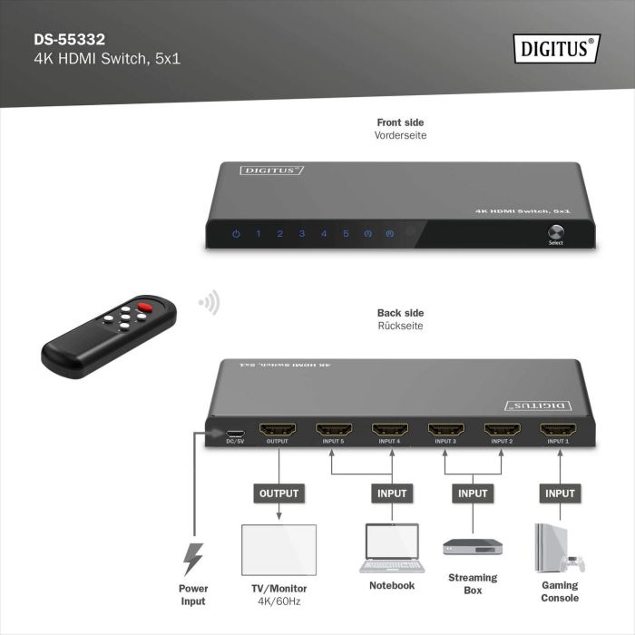 Видеокоммутатор DIGITUS UHD HDMI (INx5 - OUTx1), 4K