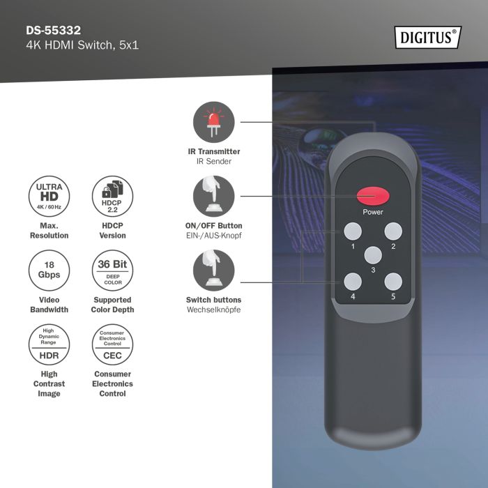 Видеокоммутатор DIGITUS UHD HDMI (INx5 - OUTx1), 4K
