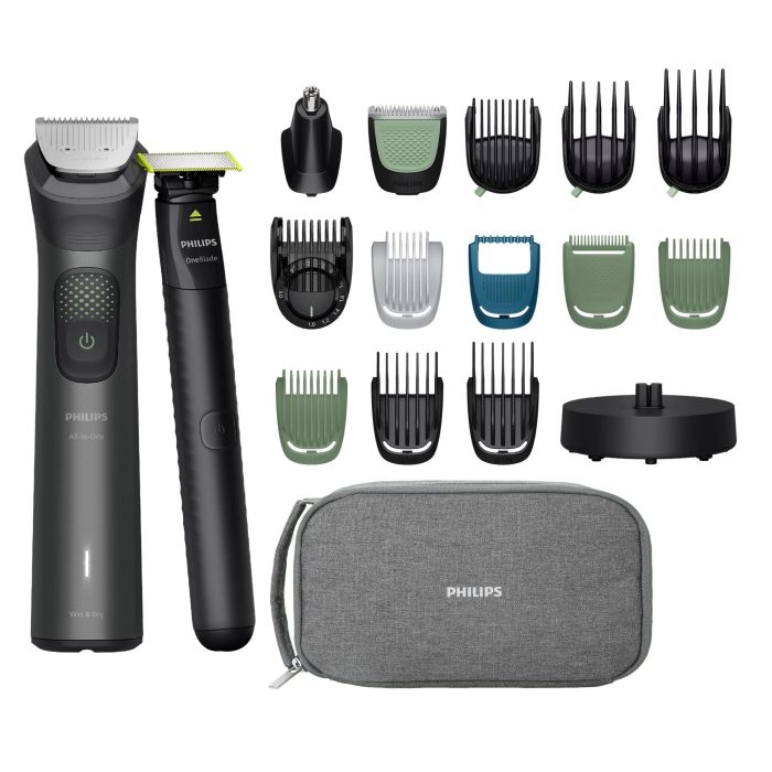 Триммер Philips Series 9000 для бороды, усов,головы, тела, интим.зон, акум., насадок-19, OneBlade в компл., сталь, серый