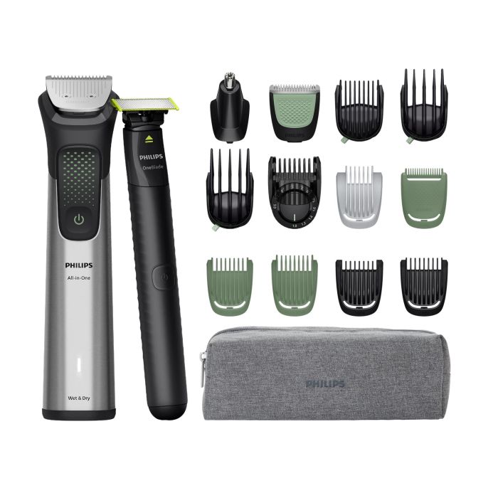 Триммер Philips Series 9000 для бороды, усов,головы, тела, интим.зон, акум., насадок-17, OneBlade в компл., сталь, серый