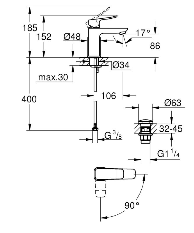 Змішувач для раковини Grohe QuickFix Dice ColdStart S-розміру, довж. виливу - 106мм, неповоротний, 1 важіль, хром