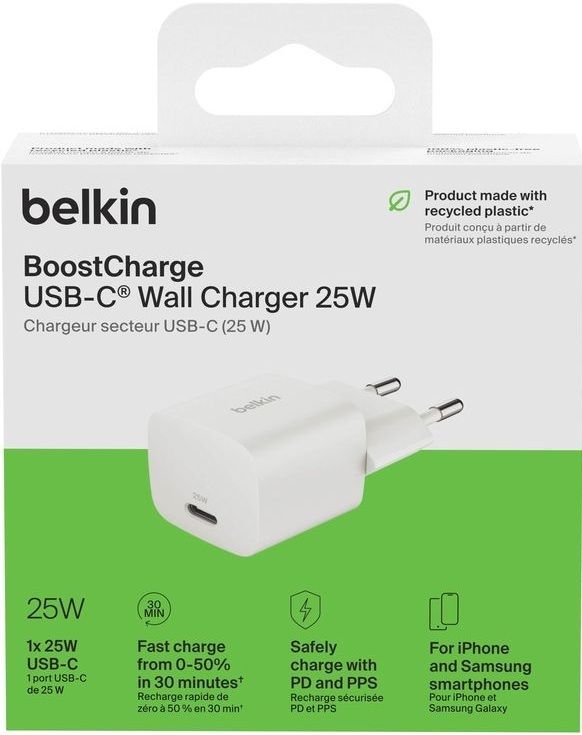 Зарядное устройство сетевое Belkin 25Вт USB-C PD PPS, белый