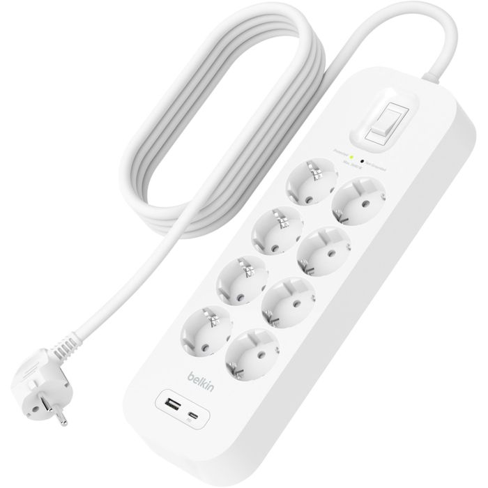 Удлинитель-фильтр сетевой Belkin 8хТип F, 3x1.5мм кв, 16А, USB-A/USB-C 18Вт, защитой от перенапряжения, 2м, белый