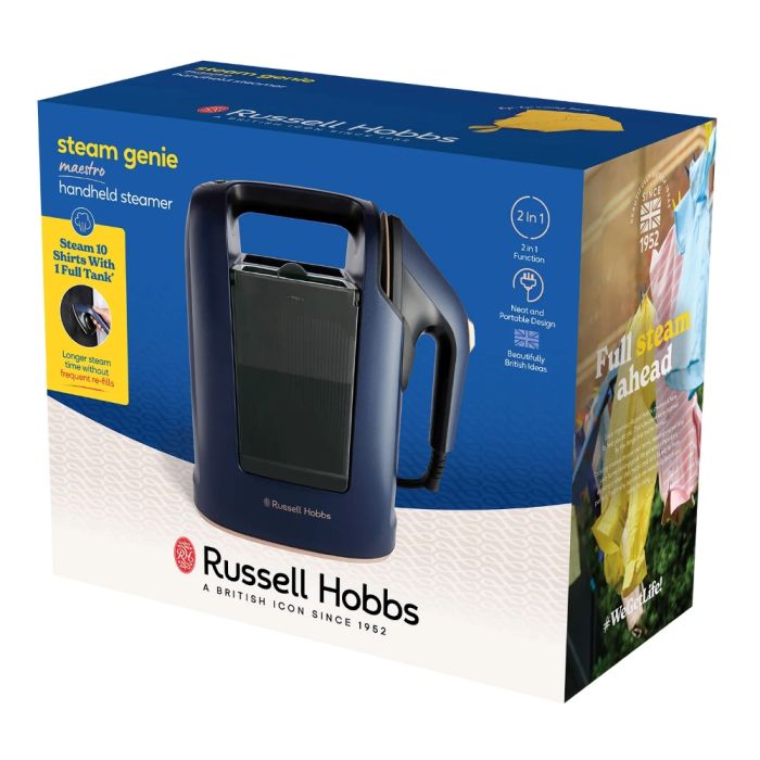 Відпарювач Russell Hobbs Genie Maestro, 1700Вт, 750мл, паровий удар -20гр, верт. відпарювання, керам. підошва, синій