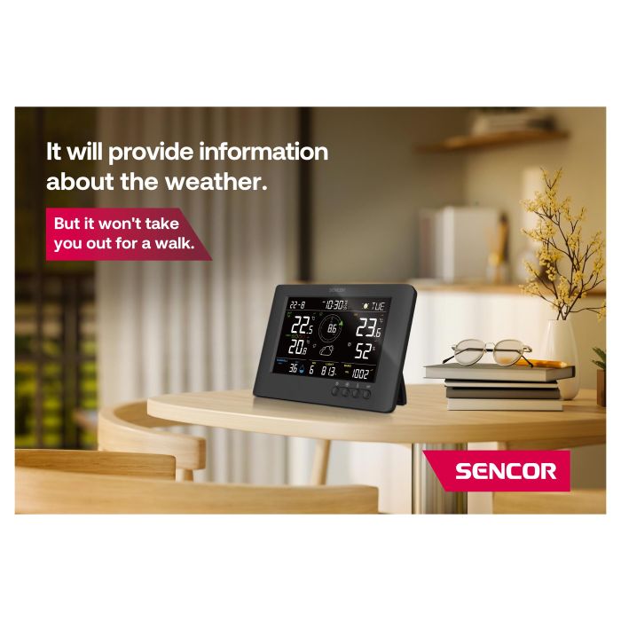 Метеостанция Sencor, внутр/наруж измерение, от сети/CR2032x1+AAx3темп-ра, влажность, время, прогноз погоды, атм. давление, скор. ветра, чёрный