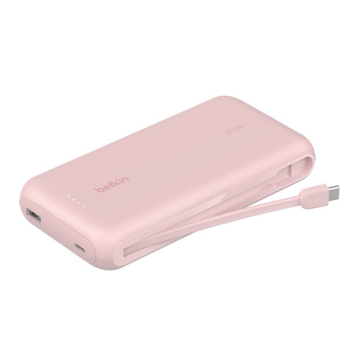 Аккумулятор портативный литий-ионный Power Bank Belkin 20000мА·ч, 30Вт, с интегрированным кабелем USB-C, розовый