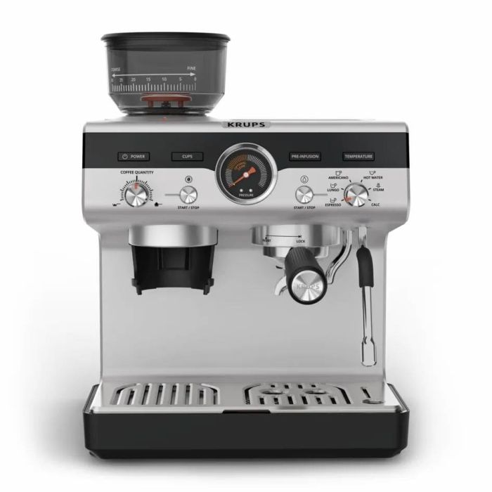 Кавоварка Krups ріжкова Precision+, 3.5л, вдубована кавомолка, ручний капучинатор, 15 бар, чорний-сірий