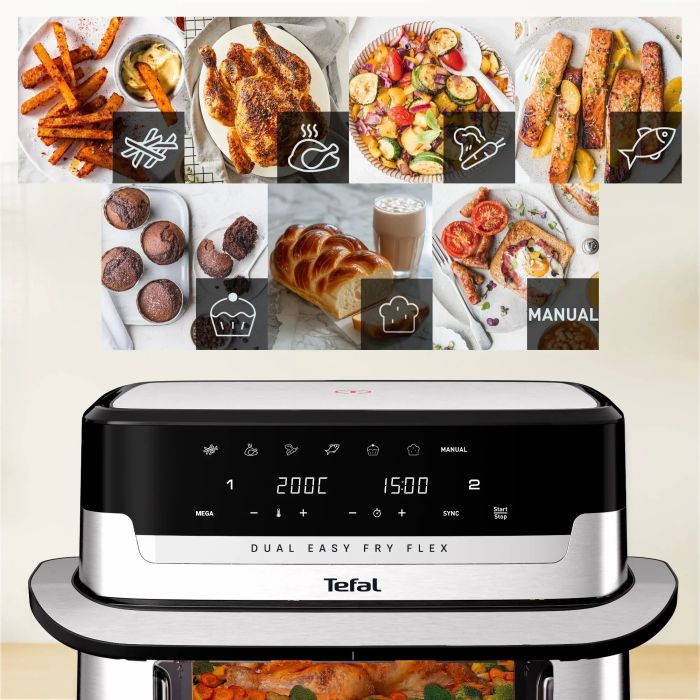 Мультипечь Tefal Dual Easy Fry Flex, 2700Вт, чаша-5.5+3.5л, сенсорное управл., 2 чаши, гриль, пластик, черный-нерж. сталь