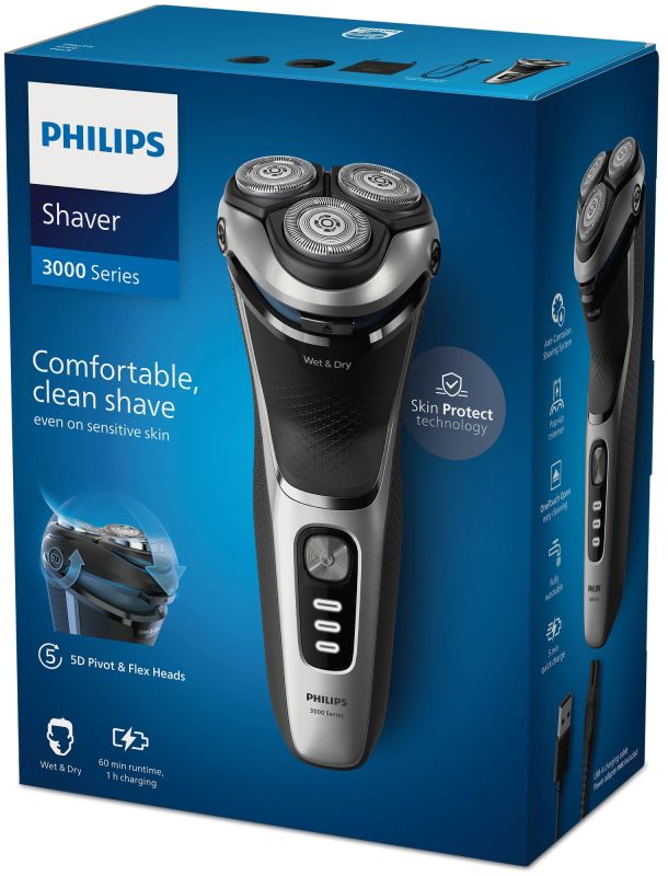 Бритва електр. Philips Series 3000,  бритв.головок-3, Li-Ion, сух.+влажн., триммер, индикат. заряда, чехол, серый