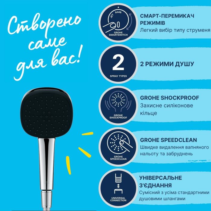 Душевой набор Grohe QuickFix Vitalio Comfort 110, душ – 2 реж. (Rain, Jet), шланг, хром