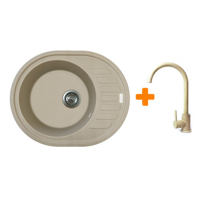 Набор кухонный Adamant Ovum, искуственный камень, овальная, с крылом, 615х495х200мм, чаша - 1, врезная, Сахара + смеситель