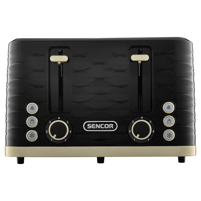 Тостер Sencor 1600Вт, підігрів, розморожування, 4 слоти, пластик, чорно-золотий