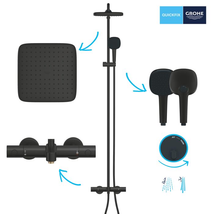 Душевая система Grohe QuickFix Vitalio Comfort 250 со смесителем-термостатом для ванны, дл. излива – 169мм, верхний душ, воронка, креп. - на стойке, матовый черный